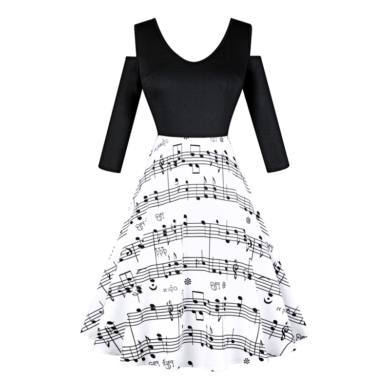 Retro Off Shoulder Music Note Dress | ThePiano.SG